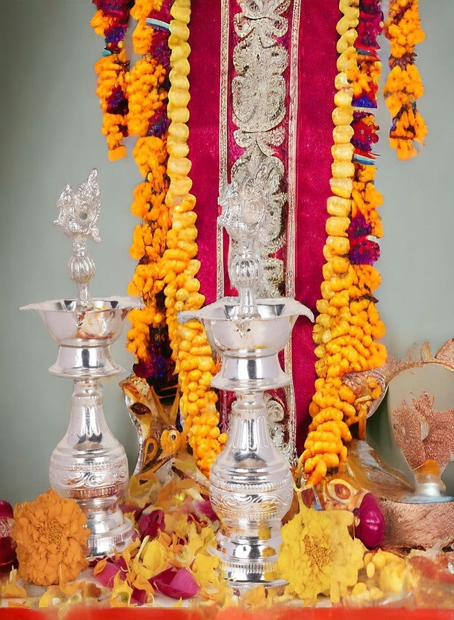 Sigaram German Silver 7x3 Inch Peacock Handle Design Diya for Home & Temple Pooja Festival K4239 - Image 3